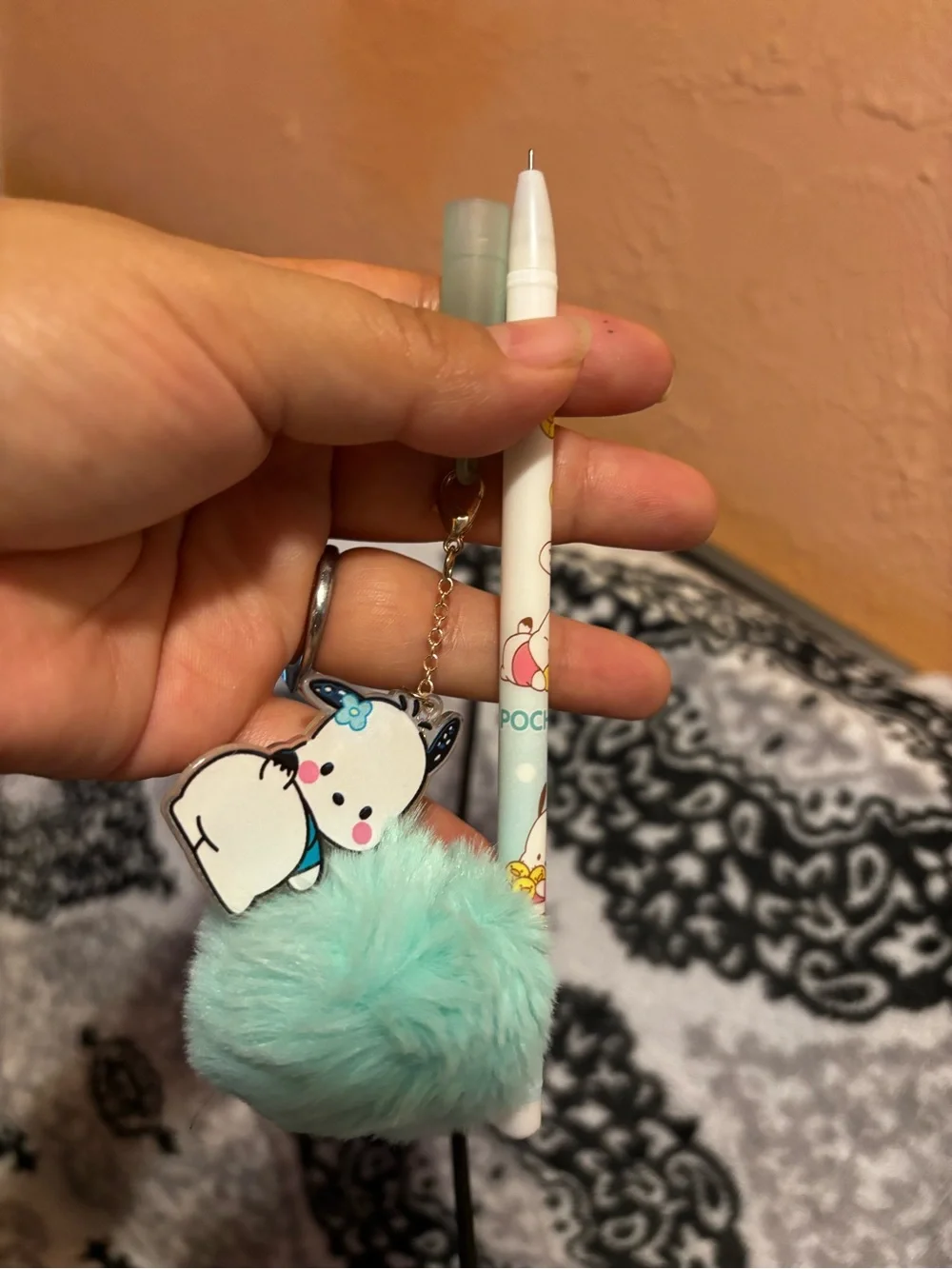 Kids Pom Pom Keychain Pen - Mint Green
